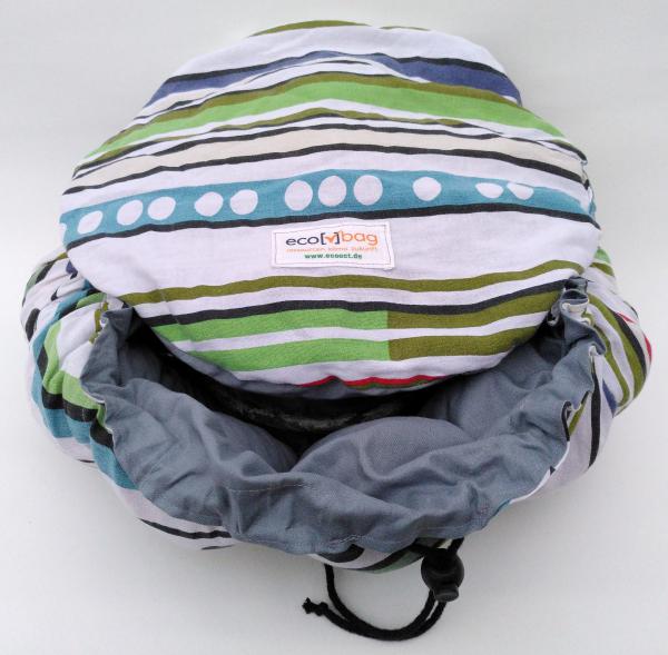 ecobag - roter Faden zwischen grün-blau-weißen Streifen
